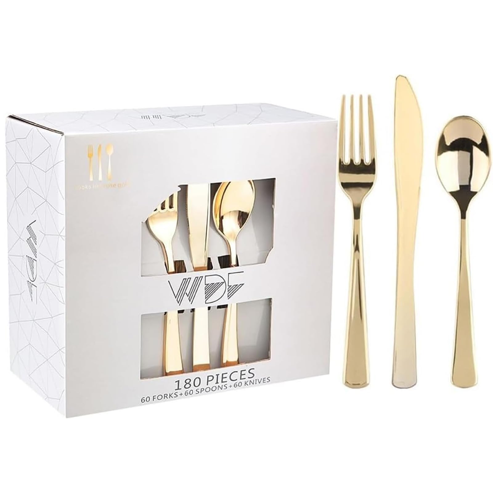 WDF 180 Count Gold Plastic Silverware Set - Heavy Duty Disposable Cutlery (60 Forks, 60 Knives, 60 Spoons) - BPA-Free Gold Flatware for Wedding, Party, Baby Shower, Thanksgiving