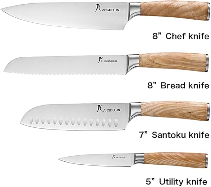 kangdelun Ultra Sharp 4-Piece Chef Knife Set, 50Cr15MoV High-Carbon Stainless Steel, Torrefied Natural Ash Wood Handles, Magnetic Gift Box