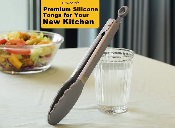 HINMAY Locking Kitchen Tongs with Silicon Tips 9-Inch, Set of 3 (Gray)