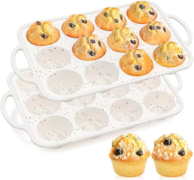 Silicone Muffin Pans for Baking, Metal Reinforced Frame 12 Cups Regular Size Silicone Cupcake Pan Nonstick Muffin Tin for Baking Muffin, Cupcake, Frittatas,BPA Free, Silicone Molds Dishwasher Safe
