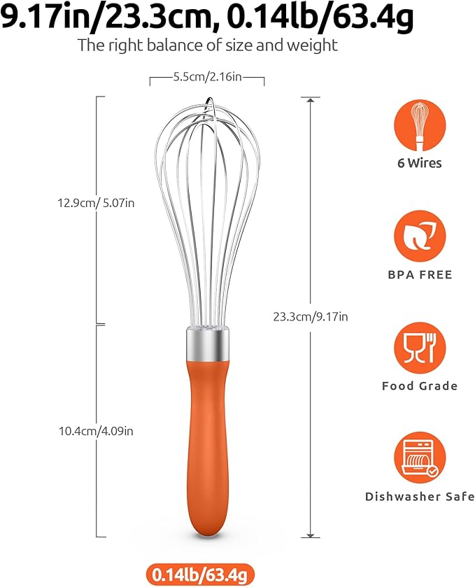U-Taste Wire Whisk for Cooking, 18/10 Stainless Steel Balloon Wisk,S/Orange