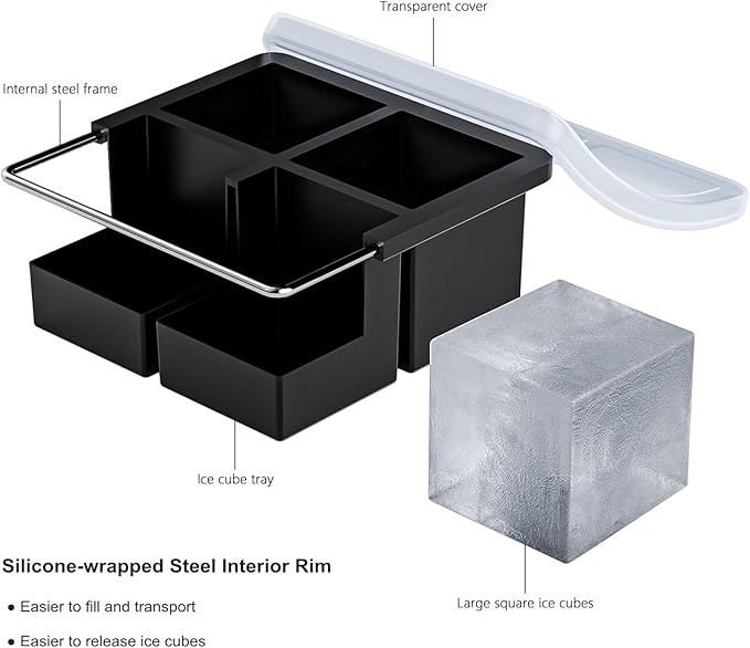 Bangp Large Ice Cube Tray for Whiskey,Silicone Ice Cube Trays 2 Pack,Large Ice Cube Molds with Leak Proof Removable Lid,Square Ice Cube Tray for Whiskey and Cocktail