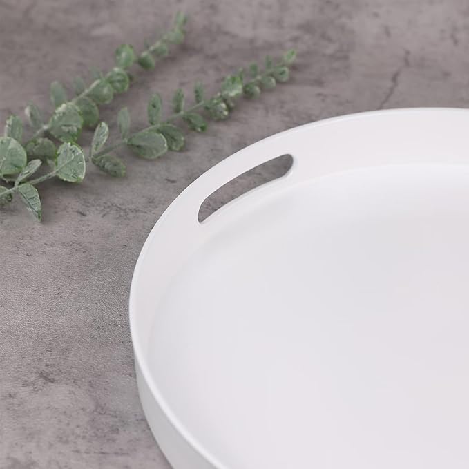 SforGUVA Round White Decorative Serving Tray with Handles, 13” Versatile Ottoman Tray for Coffee Table, Entertaining, Outdoor Patio, Living Room
