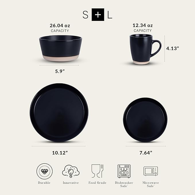 Stone Lain Jules Stoneware 16-Piece Dinnerware Set, Plates and Bowls, Service for 4, Black, Microwave & Dishwasher Safe