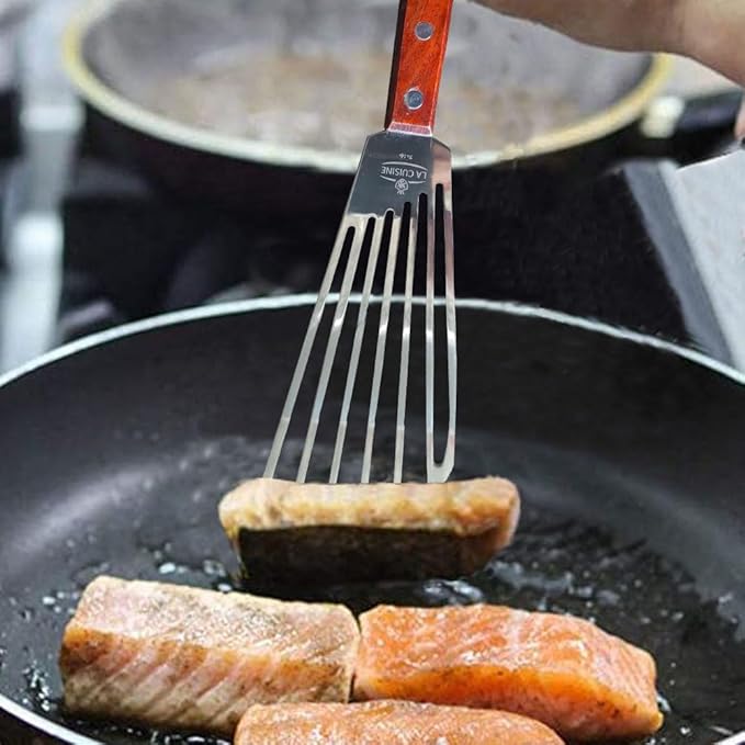 La Cuisine Extra Flexible Stainless Steel Fish Slotted Spatula Turner with Beveled Edge Wood handle, 6.5" Blade, 11" Length for Flipping Fish, Eggs, Pancakes, Patties & Fries