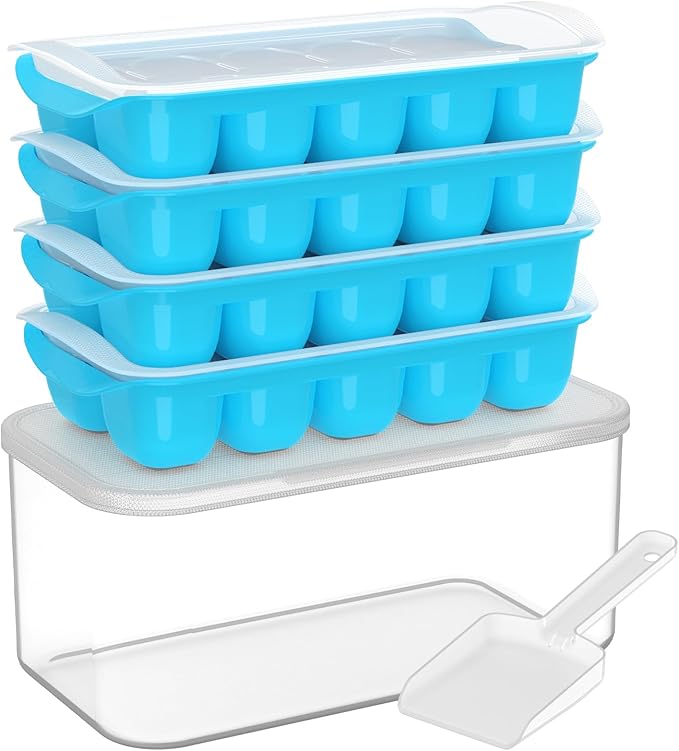 DOQAUS Ice Cube Tray with Lid and Bin, 4 Pack Ice Bucket Kits for RV