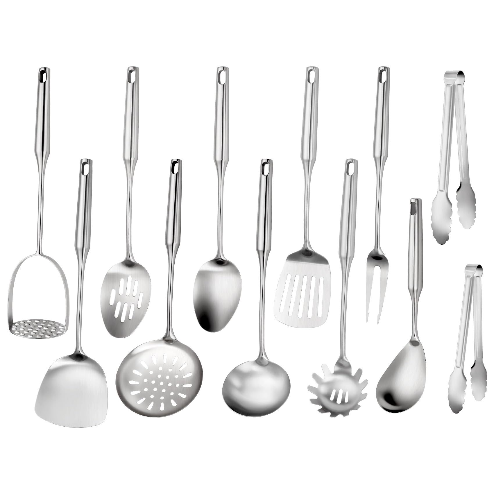 304 Stainless Steel Cooking Utensils Set, 12 Pcs Long Stainless Steel Kitchen Utensils Set, Metal Cooking Utensils Set with Potato Masher, Spoon, Ladle, Skimmer, Pasta Server etc(Dishwasher Safe)