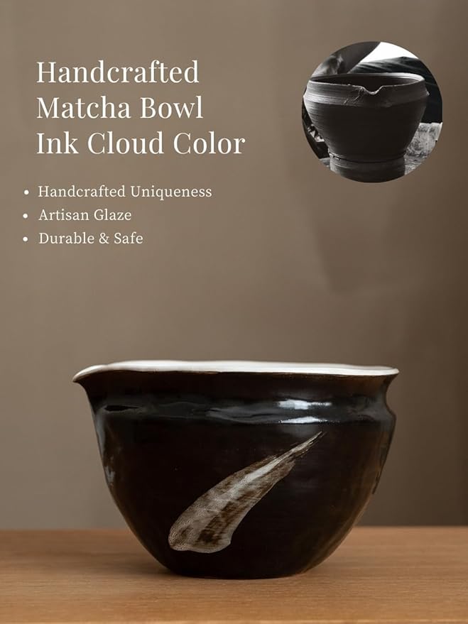 WUSEI Matcha Set with Handmade Ceramic Bowl & Bamboo Whisk, Ink Black,6-Pc