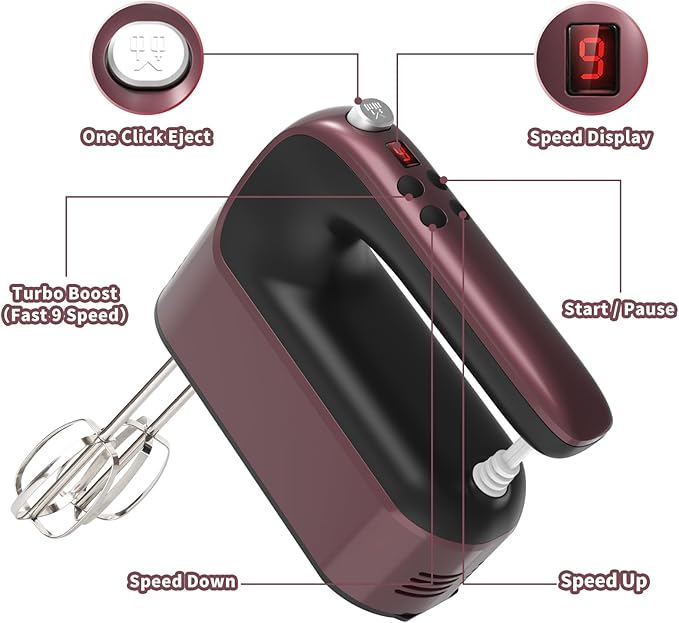 Yomelo 9-Speed Digital Hand Mixer Electric, 400W Powerful DC Motor, Hand Mixer Electric Handheld with Snap-On Storage Case, 5 Stainless Steel Accessories, Beaters, Dough Hooks, Whisk(Grape Purple)