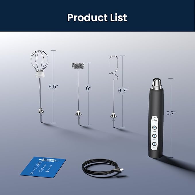 Milk Frother Wand Rechargeable Handheld Electric Whisk 3 Speed Adjustable