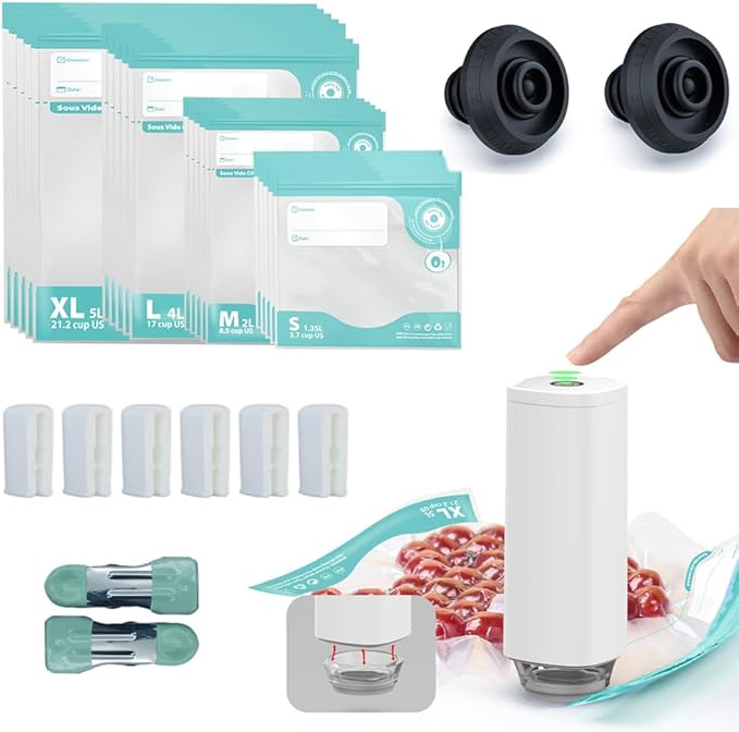 CABIBOX Handheld Electric Vacuum Sealer Machine Kit with 20Pcs Bags, 60KPa powerful suction, 5X freshness extension, 0.2mm double zipper storage, ideal for sous vide cooking & meal prep