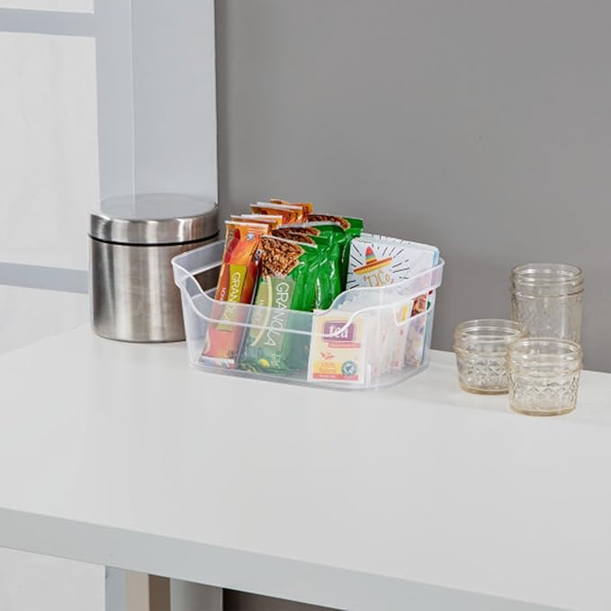 Sterilite 9.5 x 6.5 x 4 Inch Small Open Scoop Front Clear Storage Bin with Comfortable Carry Through Handles for Household Organization (48 Pack)