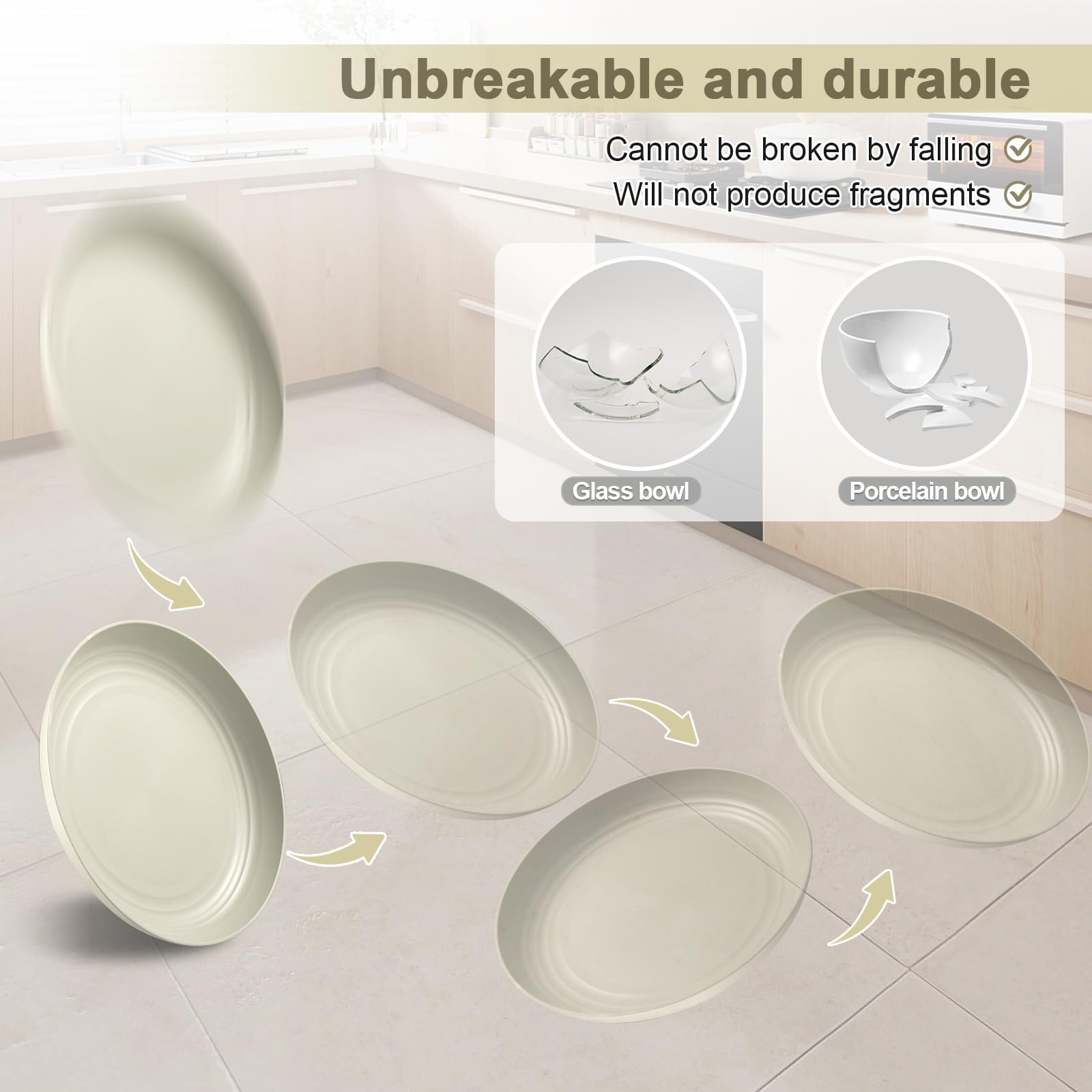 HEYCOME 12 Pcs Unbreakable Deep Dinner Plates Set, 10 inch Reusable Plastic Wheat Straw Plates, Microwave and Dishwasher Safe Plate for Kitchen, Lightweight Plate for Dessert, BPA Free, White