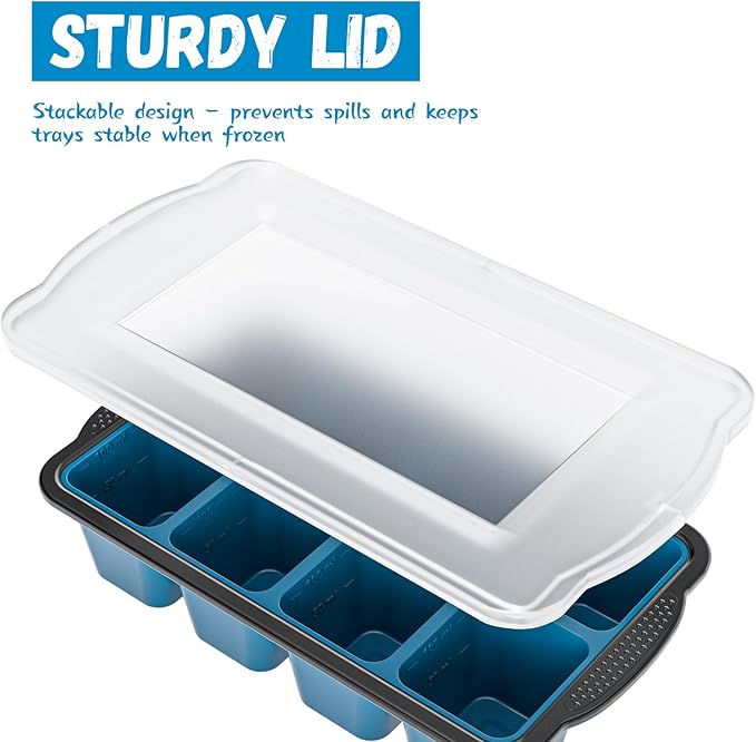 GORCI Ice Cube Tray For Freezer, 16 Large 1/2 Cub Cubes, Silicone Ice Trays For Freezer With Lid, Heavy-duty, Sturdy and Easy to Demold, Suitable for whisky, coffee, Herbs, Purees, 2-Pack