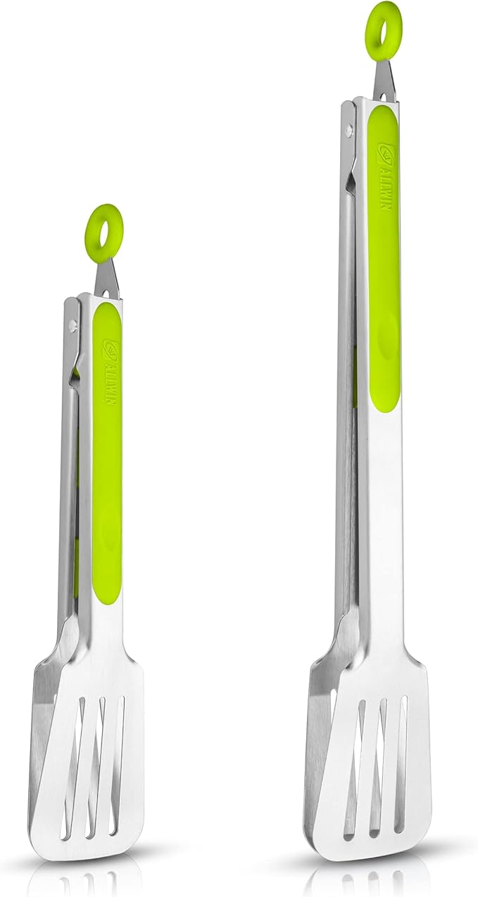 Kitchen & Grill Tongs Set of 2, 304 Stainless Steel, 9 & 12 Inch, Green