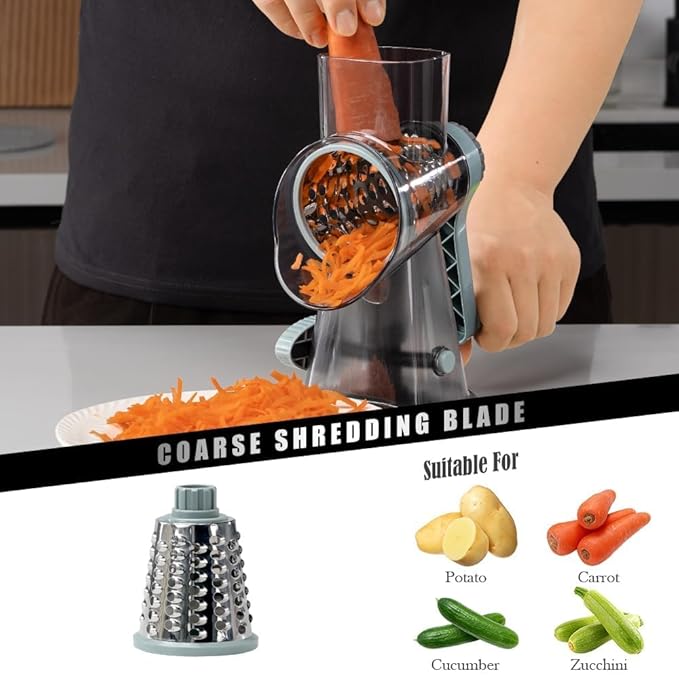 Badelite Cheese Grater Vegetable Cheese Shredder Slicer Grater for Kitchen 3 Changeable Blades for Cheese Potato Zucchini Nuts Chocolate (Grey Blue)
