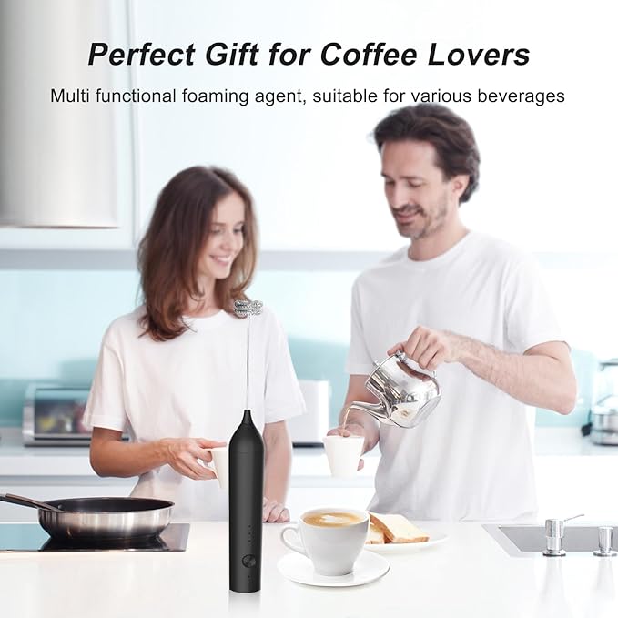 ELMWAY Rechargeable Milk Frother Handheld, 3-Speed Electric Whisk Frother Wand with Egg Whisk Attachment for Coffee, Matcha, Protein Powder, Latte & Cappuccino(Black without Stand)