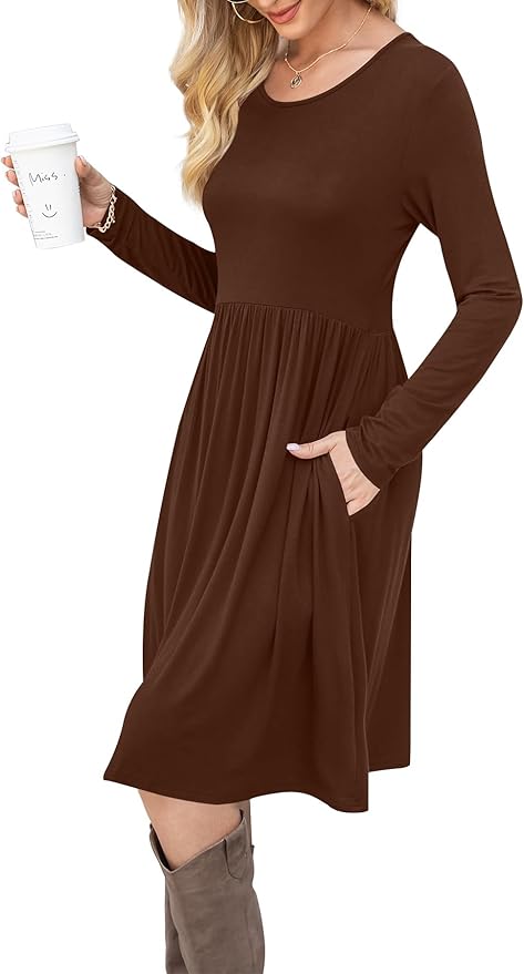 DB MOON Women Casual Long Sleeve Dresses Empire Waist Loose Dress with Pockets (Brown 02, XL)
