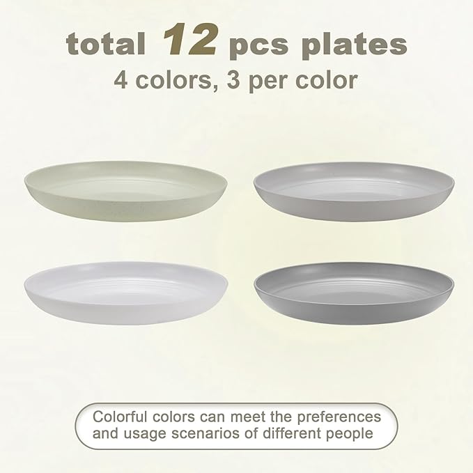 HEYCOME 12 Pcs Unbreakable Deep Dinner Plates Set, 10 inch Reusable Plastic Wheat Straw Plates, Microwave and Dishwasher Safe Plate for Kitchen, Lightweight Plate for Dessert, BPA Free, 4 Colors