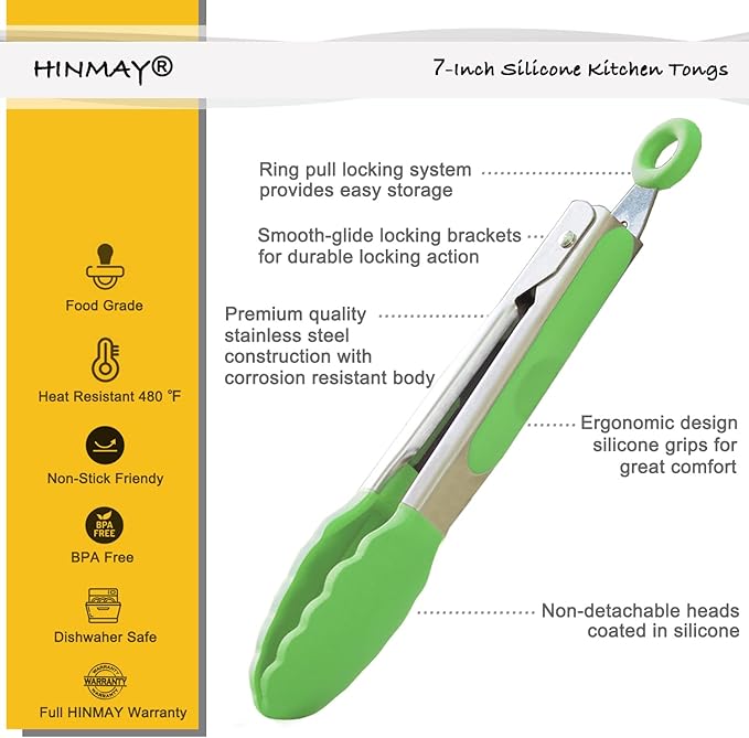 HINMAY Mini Tongs with Silicone Tips 7" Cooking Tongs, Set of 3 (Green)