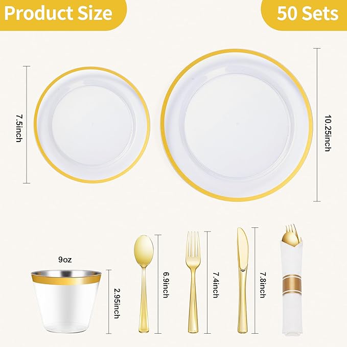 Goodluck 350 Piece Clear Gold Disposable Plastic Dinnerware Sets for Party