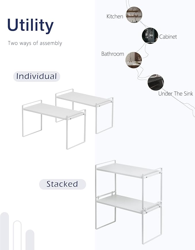 Nxconsu Stackable Cabinet Shelf Organizer 2 Pack, Standard Tall White