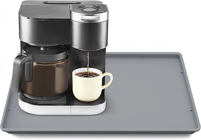 Silicone Coffee Maker Mat with Lip for Countertops, 19.7'' x 15'', Grey