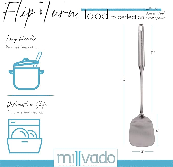 Millvado Stainless Steel Cooking Spatula,15 Inch Metal Turner, Kitchen Slotted Flipper For Grills, Camping BBQ’s, Frying Pancakes, Burgers, Large Cookware For the Professional Chef
