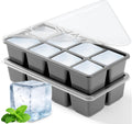 Large Ice Cube Trays with Lid, Jrisbo 2 Pack Stackable Silicone Ice Cube Molds for Freezer, Easy Release 16 Big Square Ice Trays for Whisky Cocktails (Pure Gray)