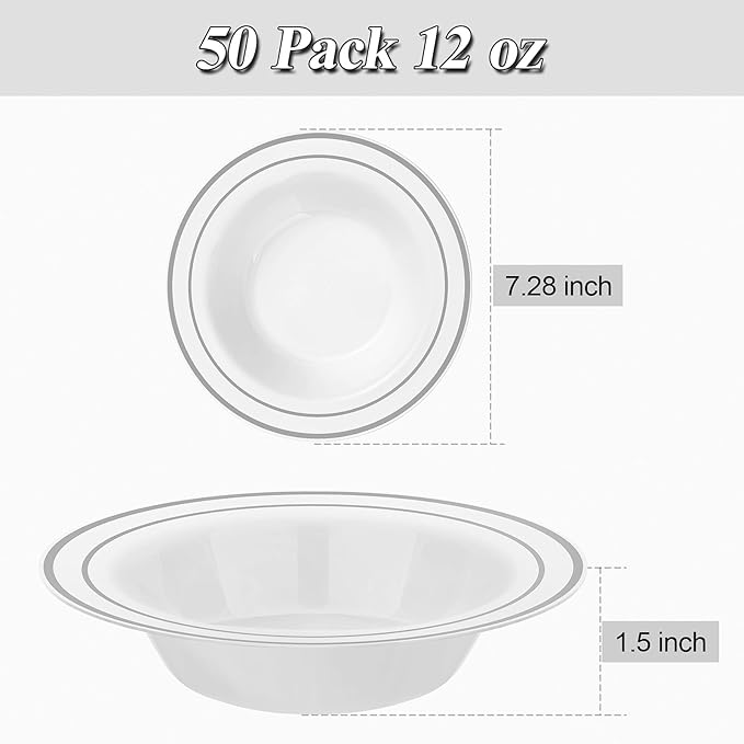 BESTSTAR 50 Pack Disposable Soup Bowls with Silver Rim