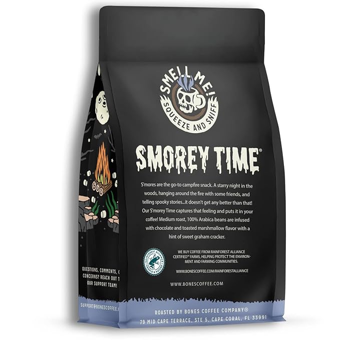 Bones Coffee Company S'morey Time Flavored Coffee - Medium Roast - Ground or Whole Bean - Low-Acid Arabica Coffee Beans - Balanced S'mores and Graham Cracker Flavor - 12 Oz