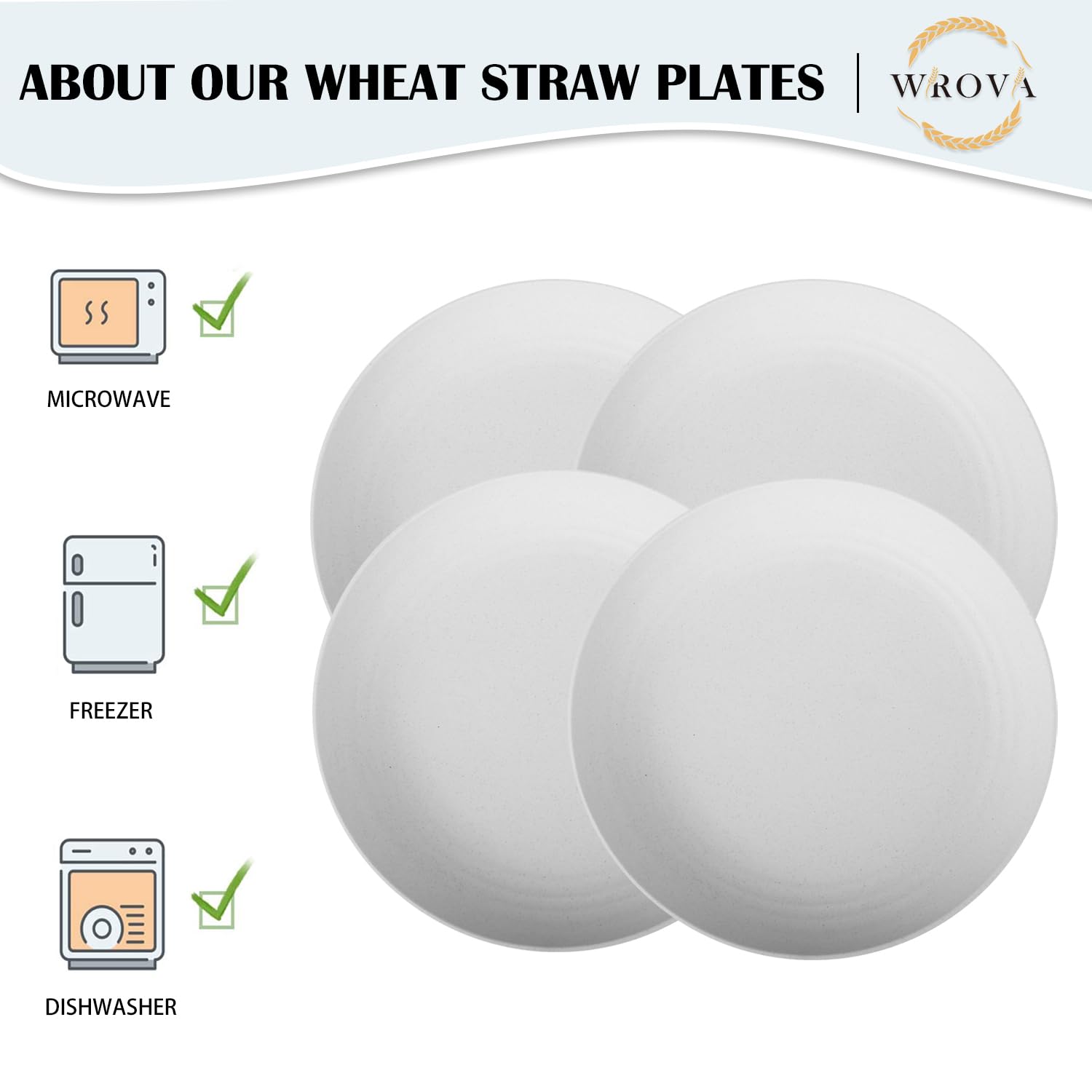 Wrova Wheat Straw Plates - 10 Inch Unbreakable Dinner Plates Set of 8 - Dishwasher & Microwave Safe Plastic Plates Reusable for kitchen and camping (White)