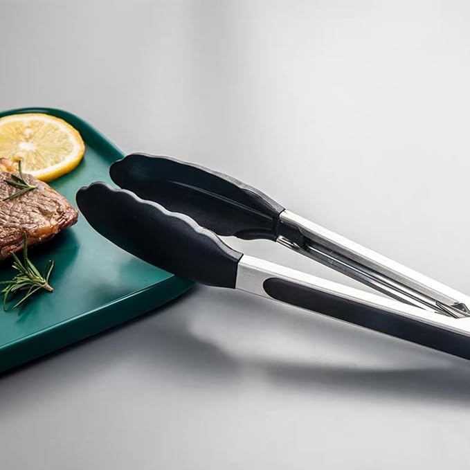 2 Pcs Mini Stainless Steel Food Tongs,7“Size Kitchen Tongs,Tongs for Cooking,Silicone BPA Free Non-Stick BBQ Cooking Grilling Locking (7 inches)