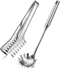Patelai Stainless Steel Spaghetti Spoon and Pasta Tongs Set, Long Handle Noodle Server Tools with Drain Holes, Non-slip Grip for Cooking, Serving Pasta and Noodles(Sliver)