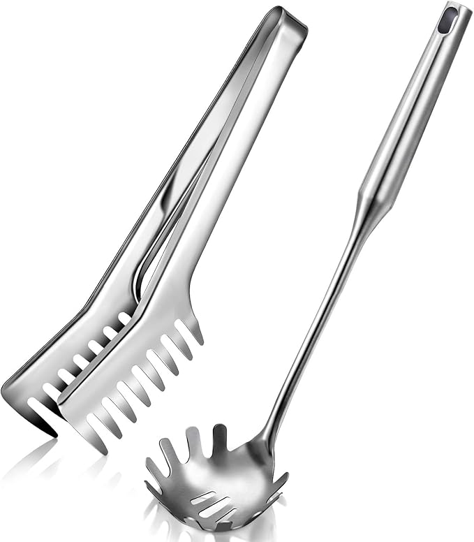 Patelai Stainless Steel Spaghetti Spoon and Pasta Tongs Set, Long Handle Noodle Server Tools with Drain Holes, Non-slip Grip for Cooking, Serving Pasta and Noodles(Sliver)