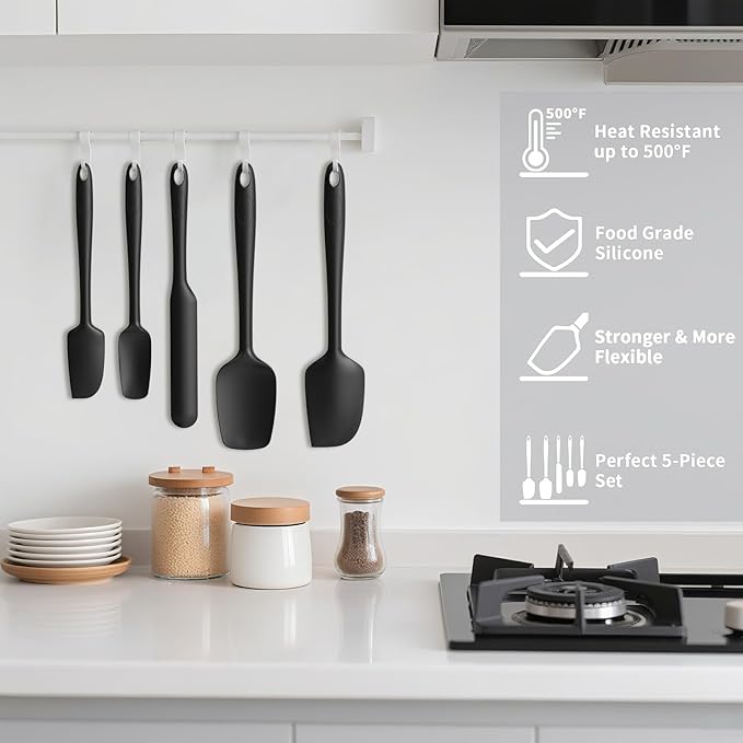 Coukre Silicone Spatula Set of 5,High Temperature Resistant, Food Grade Silicone, Dishwasher Safe, for Baking, Cooking (Pure Black)