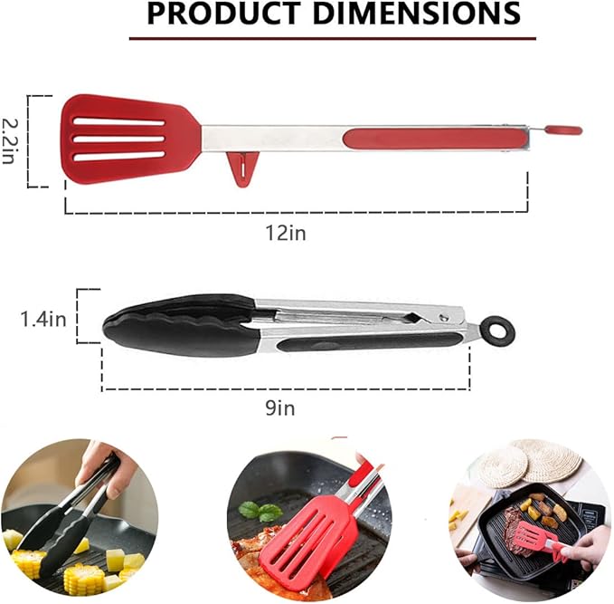 Enrunnig Silicone Tip Kitchen Tongs - 9 & 12 Inch with Locking Handle, Heat Resistant Stainless Steel for Grilling, Serving, BBQ, Non-Stick Pans (Black & Red)