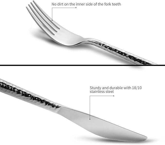 Kelenfer 18/10 Stainless Steel Flatware Set Hand Forged Silverware Set Cutlery Set Round Hammered Handle Mirror Finished Heavy Duty 20 Pieces Service for 4
