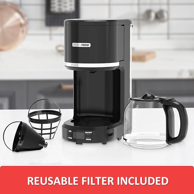 KITCHENTREND 12-Cup Programmable Coffee Maker with Permanent Filter, Removable Water Reservoir Coffee Machine, Drip Coffee Maker, Delay Brew, Timer & Keep Warm, Swing Open Brew Basket, Black