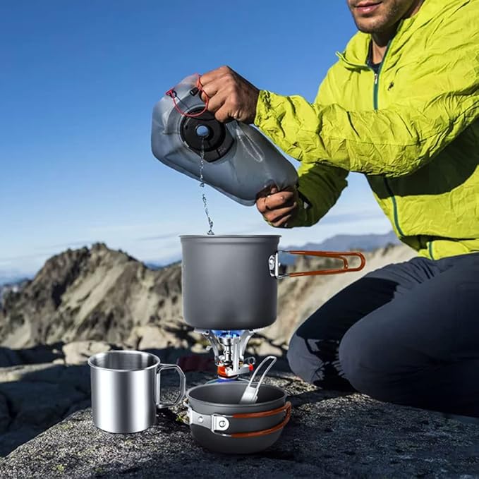 Odoland 8pcs Camping Cookware Mess Kit, Camping Pot and Pan Set with Mini Backpacking Stove, Stainless Steel Cup, Spork and Tank Bracket, Cooking Gear for Outdoor, Hiking, Picnic, Campfire, Red