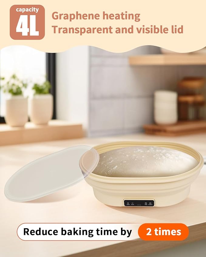 XPXKJ Heating Bread Proofing Basket Set Foldable Thermostatic Silicone Bowl with 77-122℉ 6 Gears Temperature & 6H Timer, Baking Sourdough Starter Bread Making Supplies Tools Kit (13.7×10.2×4.3'')