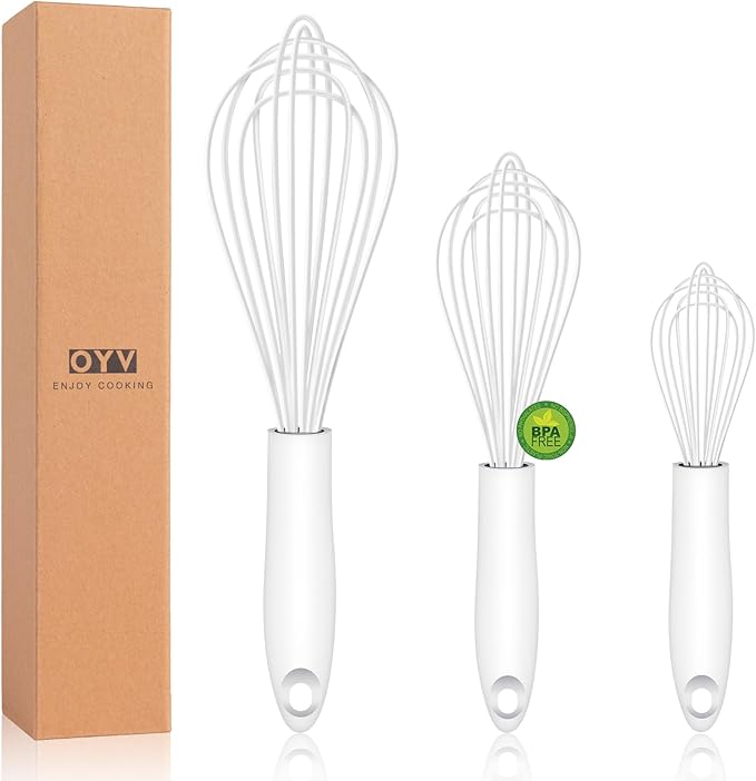 OYV White Silicone Whisk Set of 3, 8/10/12 Inch, Heat Resistant 480°F