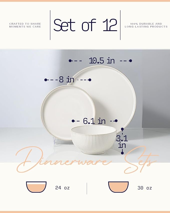 Getstar Dinnerware Sets, Plates and Bowls Sets (10.5” Dish + 8” Dish + 6” Bowl) for 4, Microwave and Dishwasher Safe, Ceramic Dinnerware Set (12 Piece)