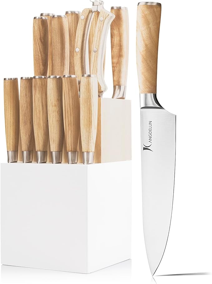Kangdelun Ultra Sharp 14-Piece Kitchen Knife Set, High Carbon Stainless Steel Blades, Torrefied Natural Wood Handles, Ergonomic Design, Space-Saving White-Finished Wood Block, Easy Hand Wash, Gift Box