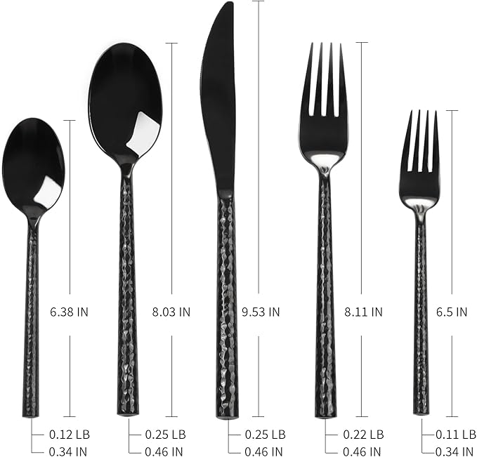 Kelenfer Black Silverware Set Round Hammered Handle 20 Pieces Service for 4