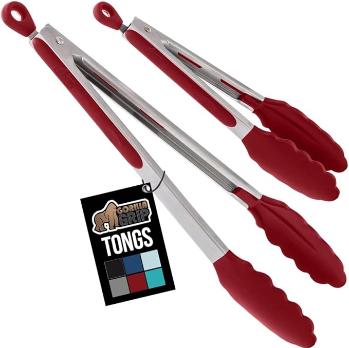 GORILLA GRIP Stainless Steel BPA-Free Kitchen Tongs for Cooking, 9+12 Inch, Heat Resistant BBQ Tong Set of 2, Non Scratch Silicone Tip for Pan, Strong Grip, Grab Food, Toss Salad, Pull Lock, Red