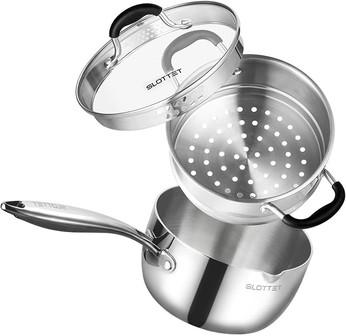SLOTTET 3.5 Quart Stainless Steel Saucepan with Steamer, Tri-Ply Full Body Small Multipurpose Pot with Pour Spout,Strainer Glass Lid, 3 Qt Sauce Pan for Cooking with Stay-cool Handle.