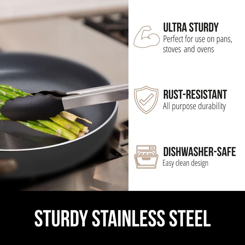 GORILLA GRIP Stainless Steel BPA-Free Kitchen Tongs for Cooking, 9+12 Inch, Heat Resistant BBQ Tong Set of 2, Non Scratch Silicone Tip for Pan, Strong Grip, Grab Food, Toss Salad, Pull Lock, Black