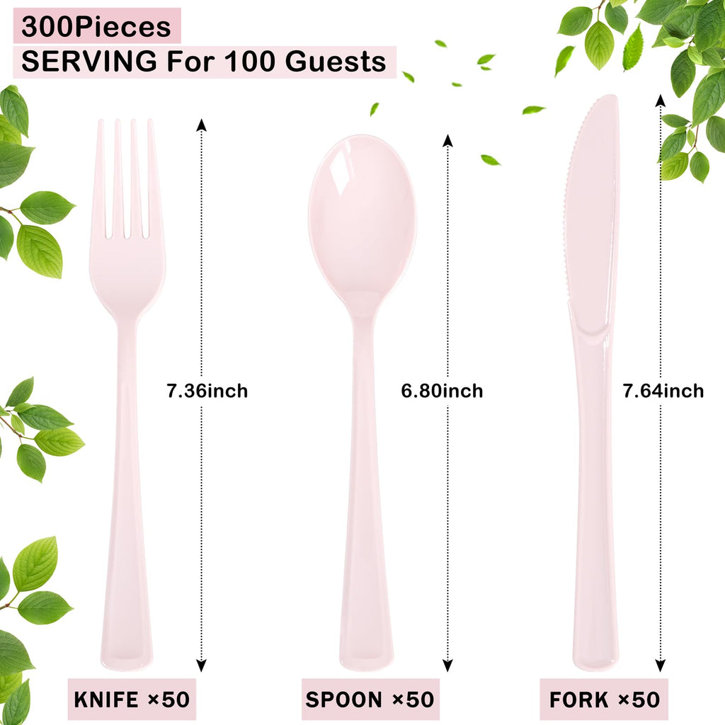 Supernal 300pcs Pink Plastic Silverware, Disposable Cutlery Set