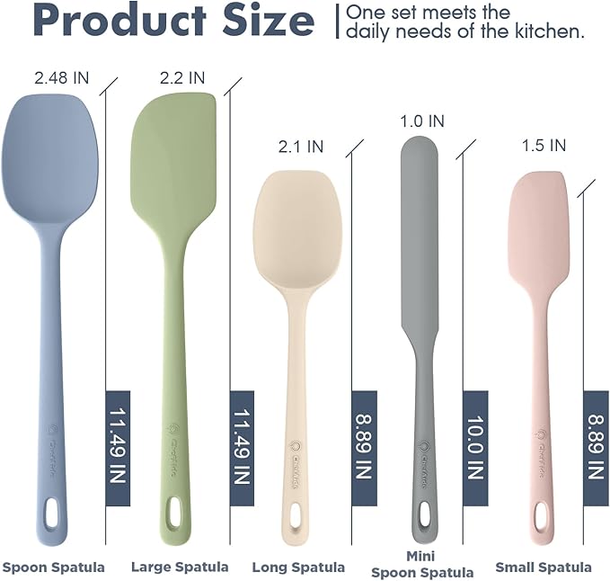 ChefAide 5 Pieces Silicone Spatula Set, Food Grade Rubber Spatula, Upgrade Strong Handle with Ergonomic Grip, Heat Resistant Up to 600°F for Nonstick Cookware, Cooking